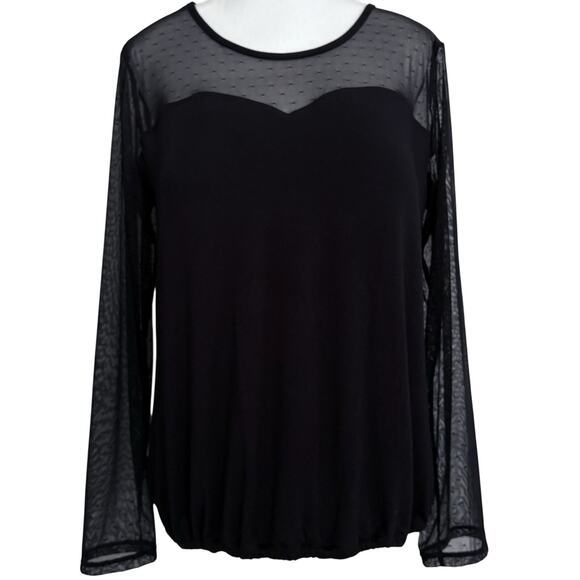 Amoena Tops - Amoena Black Sheer Mesh Dot Sweetheart Built In Bra Long Sleeve Blouse Top L